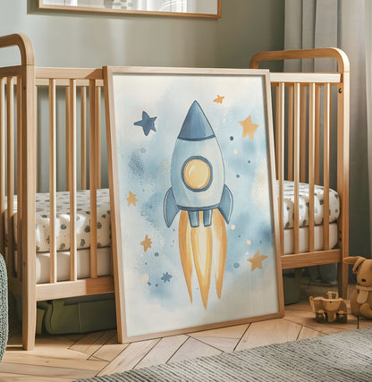 Blue rocket nursery print with a watercolour spaceship, golden flames and stars
