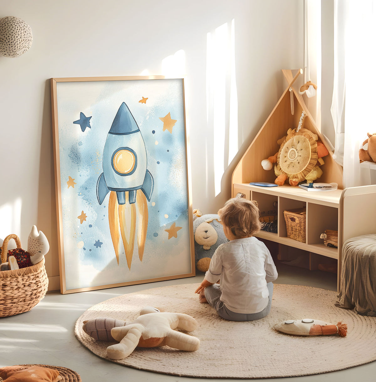 Blue rocket kids wall art displayed in a bright nursery beside a cot