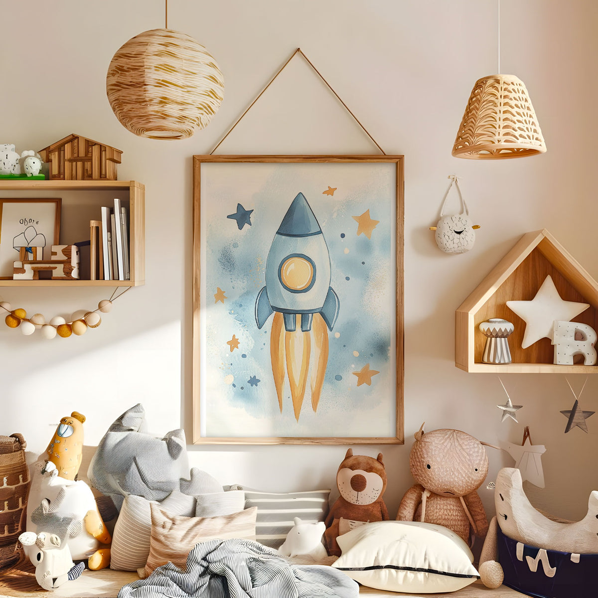 Watercolour rocket nursery print displayed in a warm kids bedroom