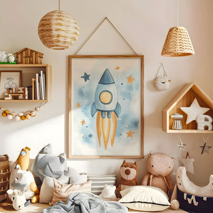 Watercolour rocket nursery print displayed in a warm kids bedroom