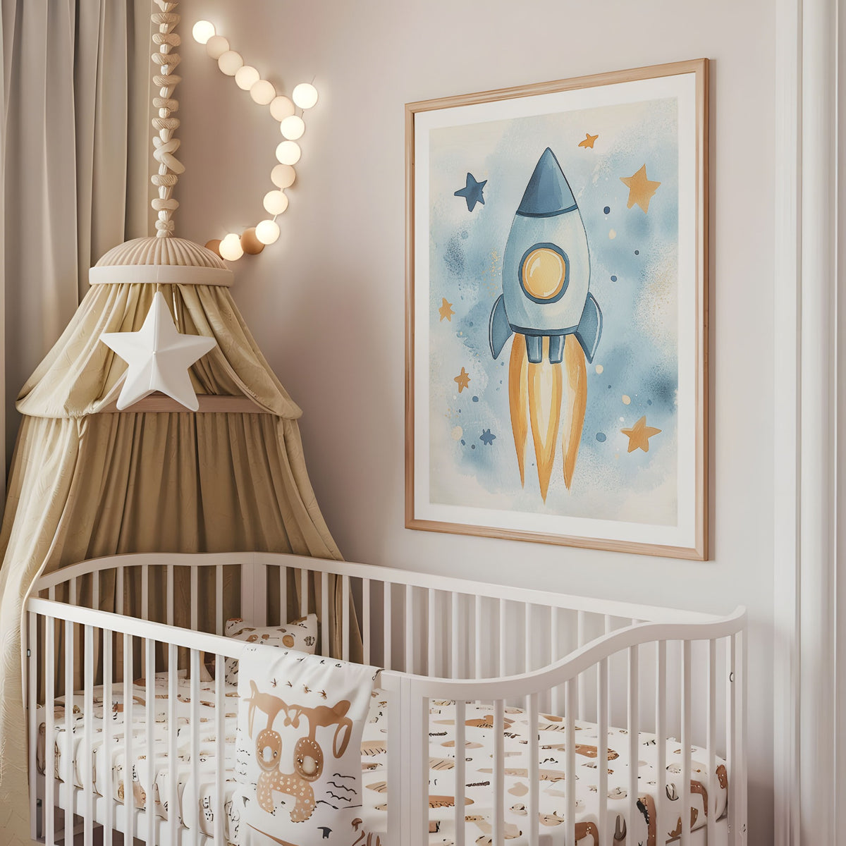 Blue rocket nursery wall art displayed above a cot in a neutral baby room