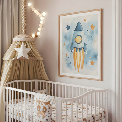 Blue rocket nursery wall art displayed above a cot in a neutral baby room