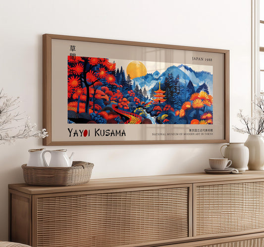 Yayoi Kusama Japanese Landscape Art Print: Vibrant Autumn Pagoda