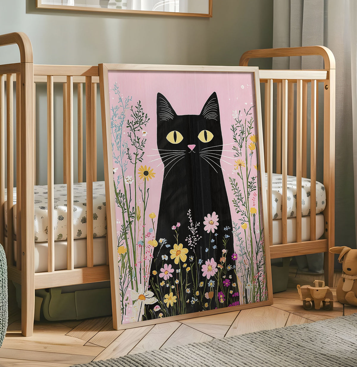 Black cat nursery print with a tall black cat, yellow eyes and colourful flowers on a pink background