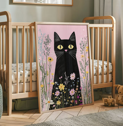 Black cat nursery print with a tall black cat, yellow eyes and colourful flowers on a pink background