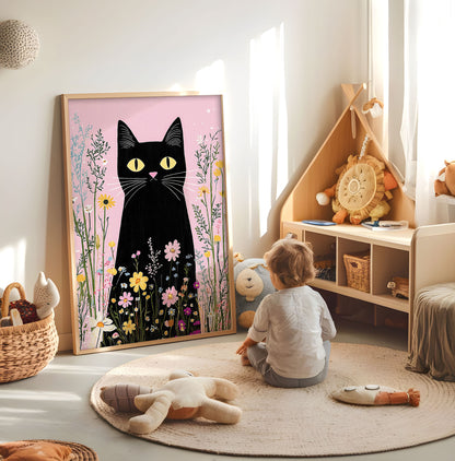 Black cat floral kids wall art displayed in a bright nursery beside a cot