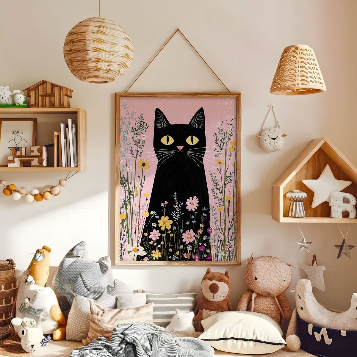 Pink floral black cat nursery print displayed in a warm kids bedroom