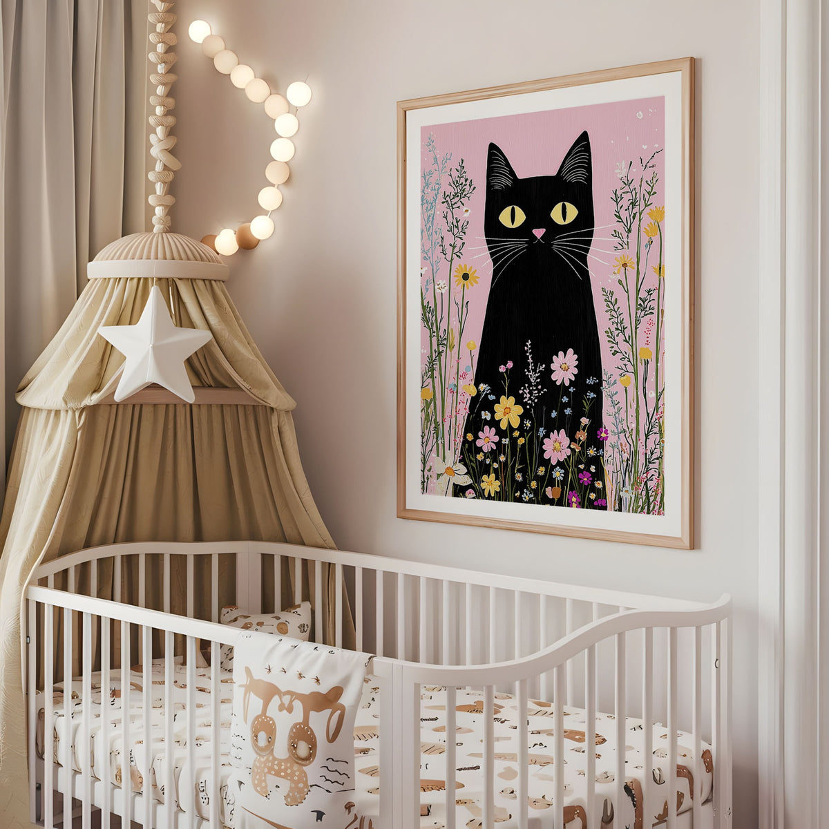 Black cat floral nursery wall art displayed above a cot in a neutral baby room