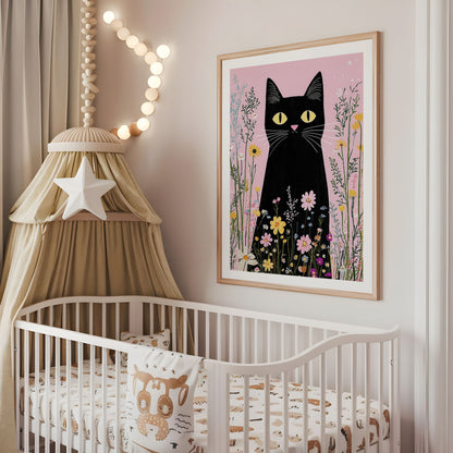 Black cat floral nursery wall art displayed above a cot in a neutral baby room