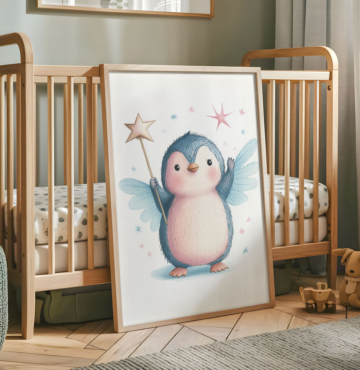 Penguin fairy nursery print with a blue and pink penguin holding a star wand and wearing fairy wings