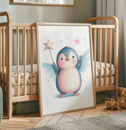 Penguin fairy nursery print with a blue and pink penguin holding a star wand and wearing fairy wings