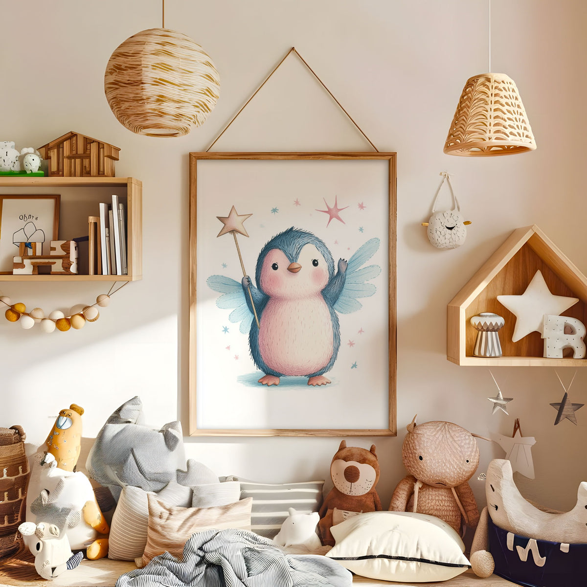 Whimsical penguin fairy nursery print displayed in a warm kids bedroom