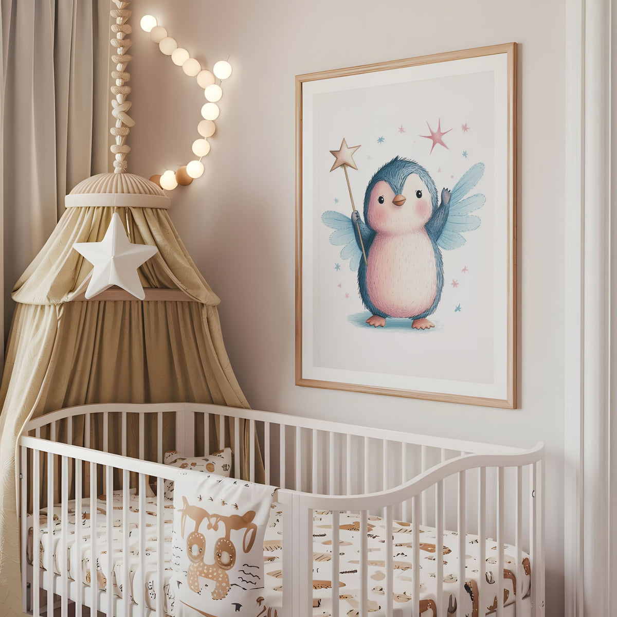 Penguin fairy nursery wall art displayed above a cot in a neutral baby room