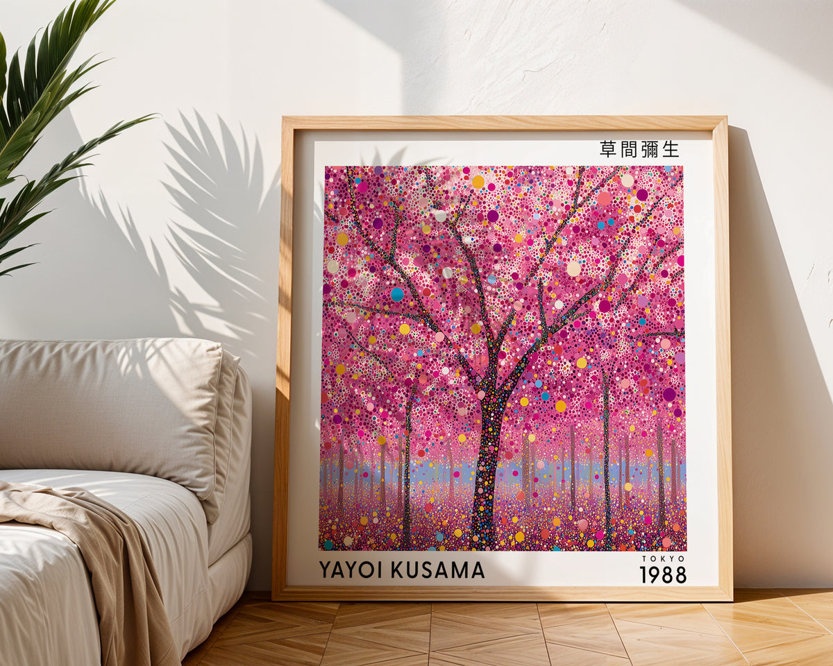Yayoi Kusama Inspired Pink Blossom Forest Print | Japanese Polka Dot Wall Art
