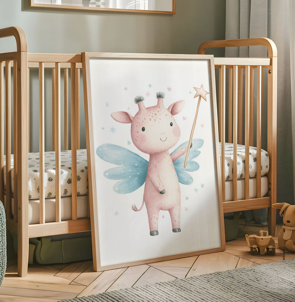 Pink Highland cow fairy nursery print with blue wings and a gold star wand