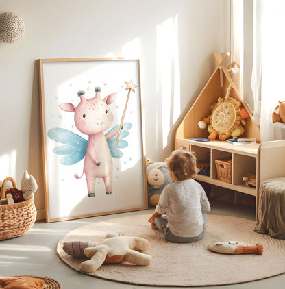 Highland cow fairy kids wall art displayed in a bright nursery beside a cot