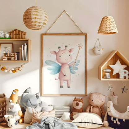Whimsical Highland cow fairy nursery print displayed in a warm kids bedroom