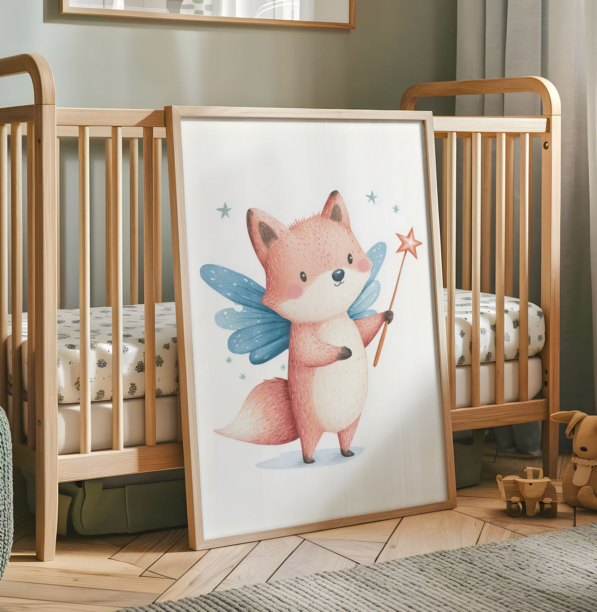 Pink giraffe fairy nursery print with blue wings and a gold star wand