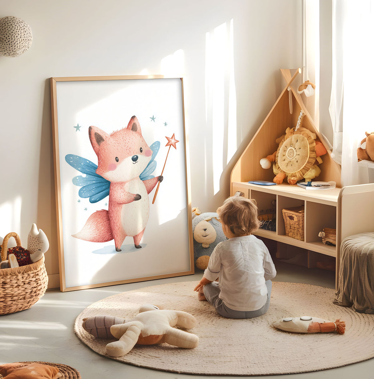 Giraffe fairy kids wall art displayed in a bright nursery beside a cot