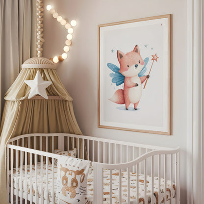 Giraffe fairy nursery wall art displayed above a cot in a neutral baby room