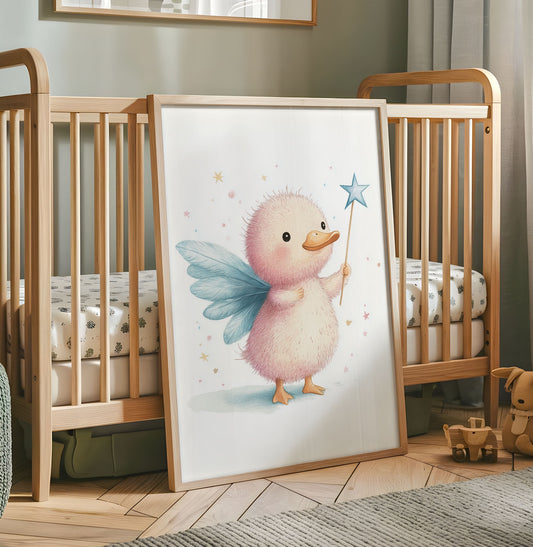 Pink fox fairy nursery print with blue wings and a star wand