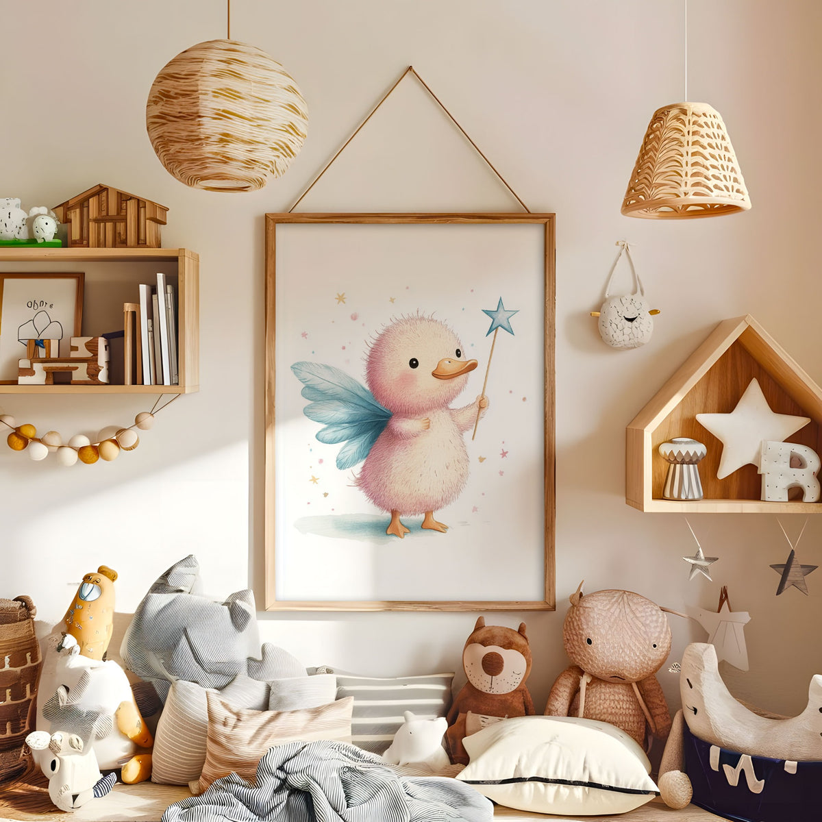 Whimsical fox fairy nursery print displayed in a warm kids bedroom