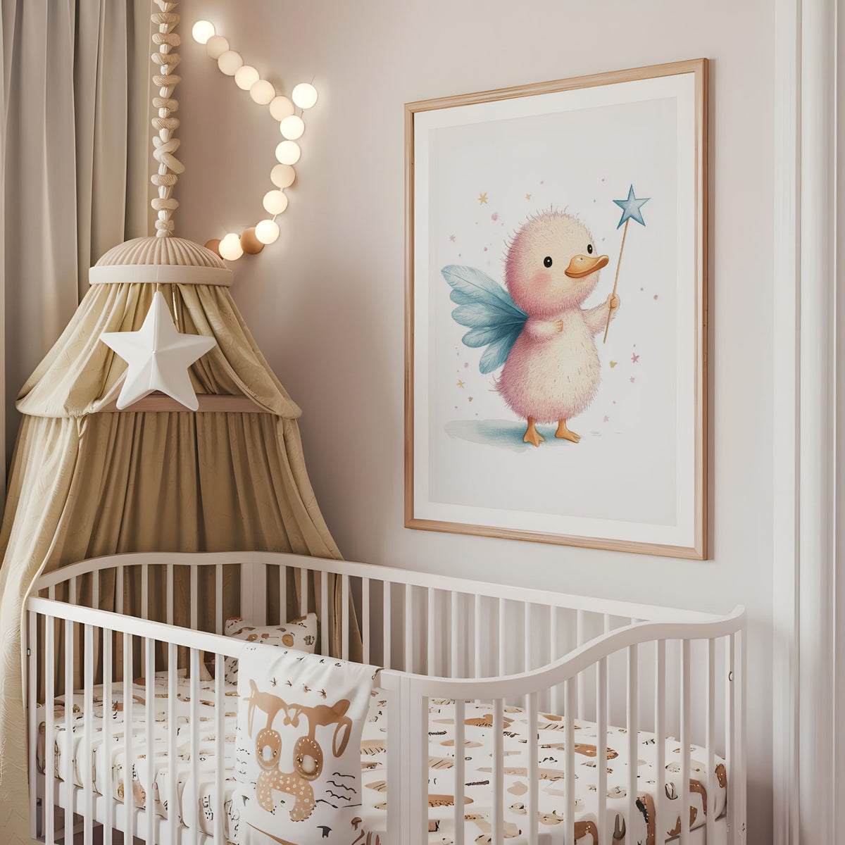 Fox fairy nursery wall art displayed above a cot in a neutral baby room
