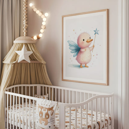 Fox fairy nursery wall art displayed above a cot in a neutral baby room