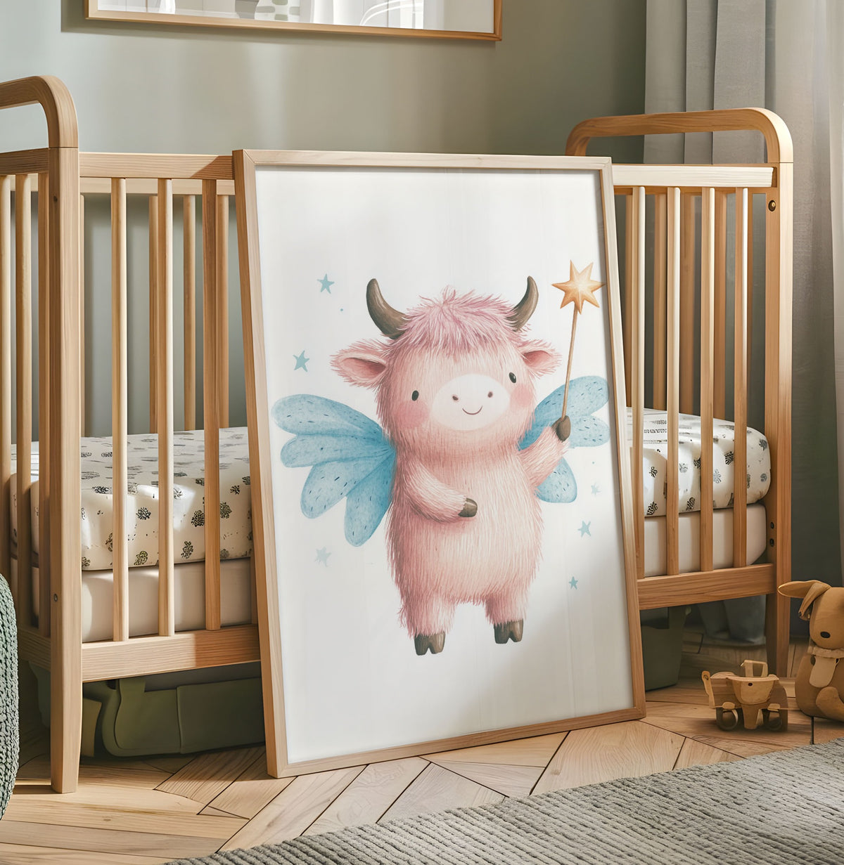 Pink duckling fairy nursery print with blue wings and a blue star wand