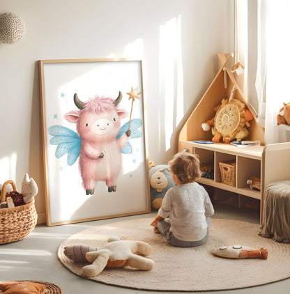 Duckling fairy kids wall art displayed in a bright nursery beside a cot