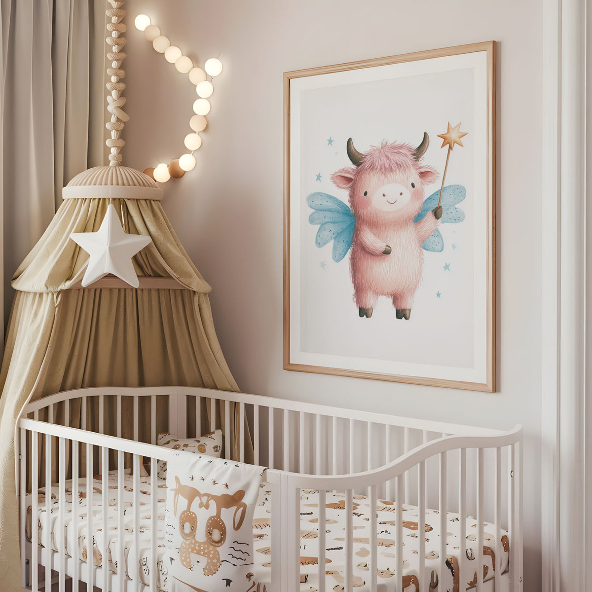 Duckling fairy nursery wall art displayed above a cot in a neutral baby room