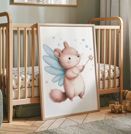 Pink dormouse fairy nursery print with blue wings and a star wand