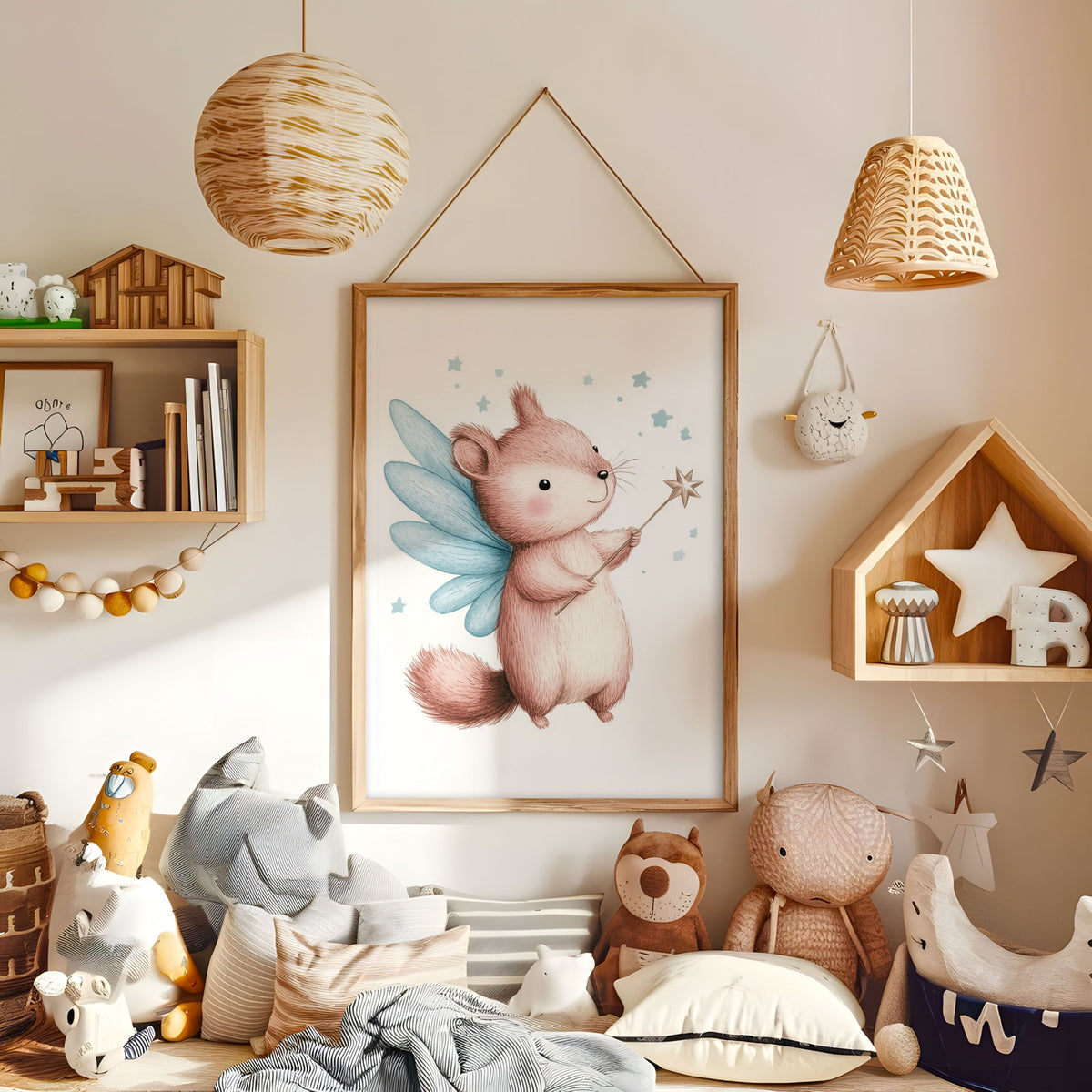 Whimsical dormouse fairy nursery print displayed in a warm kids bedroom
