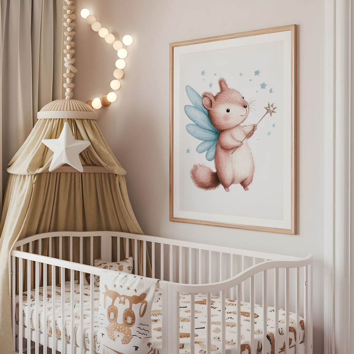 Dormouse fairy nursery wall art displayed above a cot in a neutral baby room