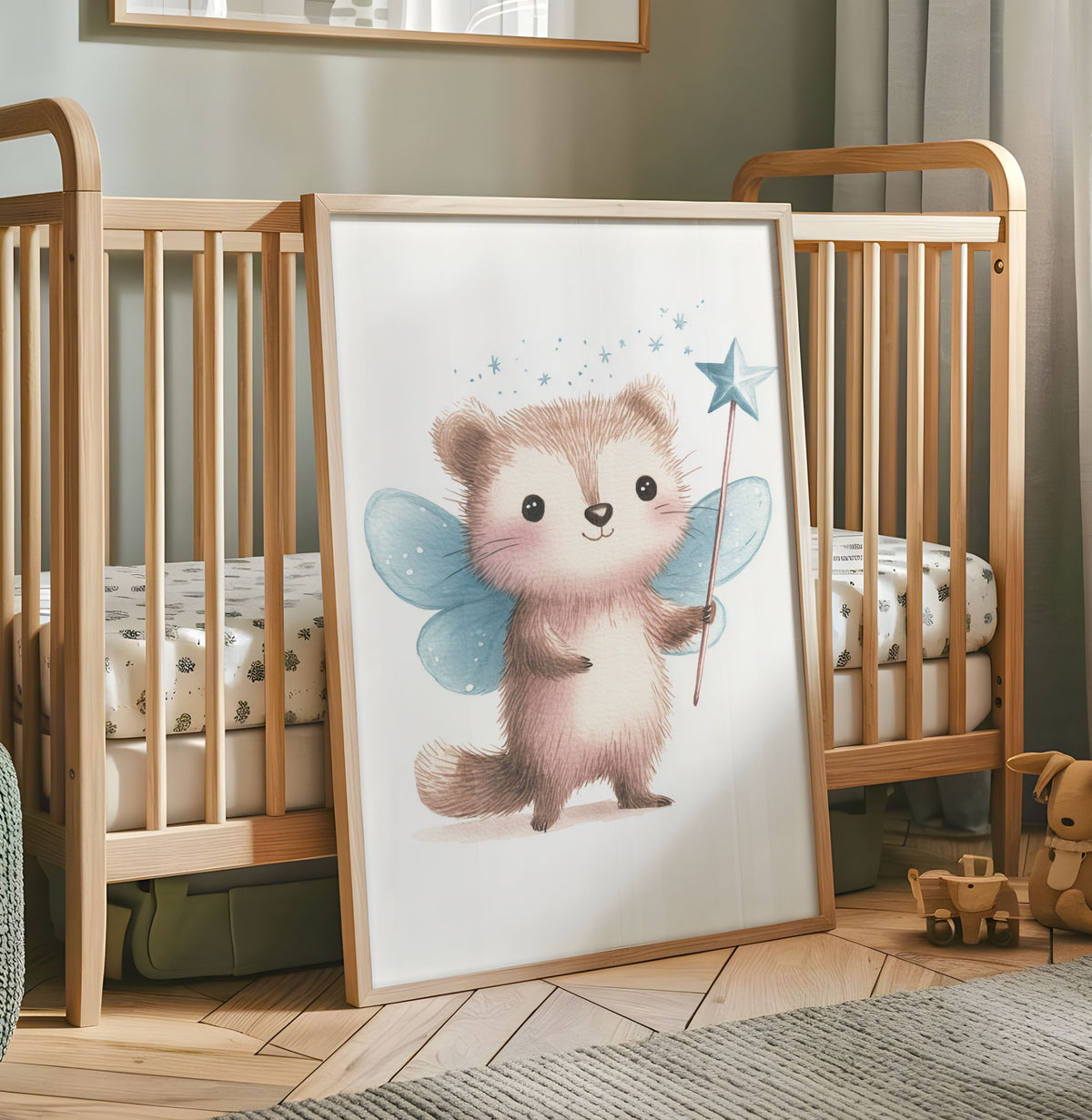 Brown ferret fairy nursery print with blue wings and a star wand