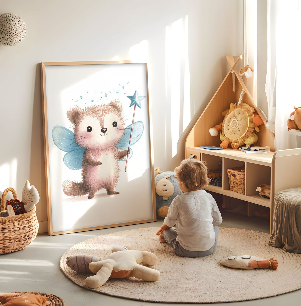 Ferret fairy kids wall art displayed in a bright nursery play space