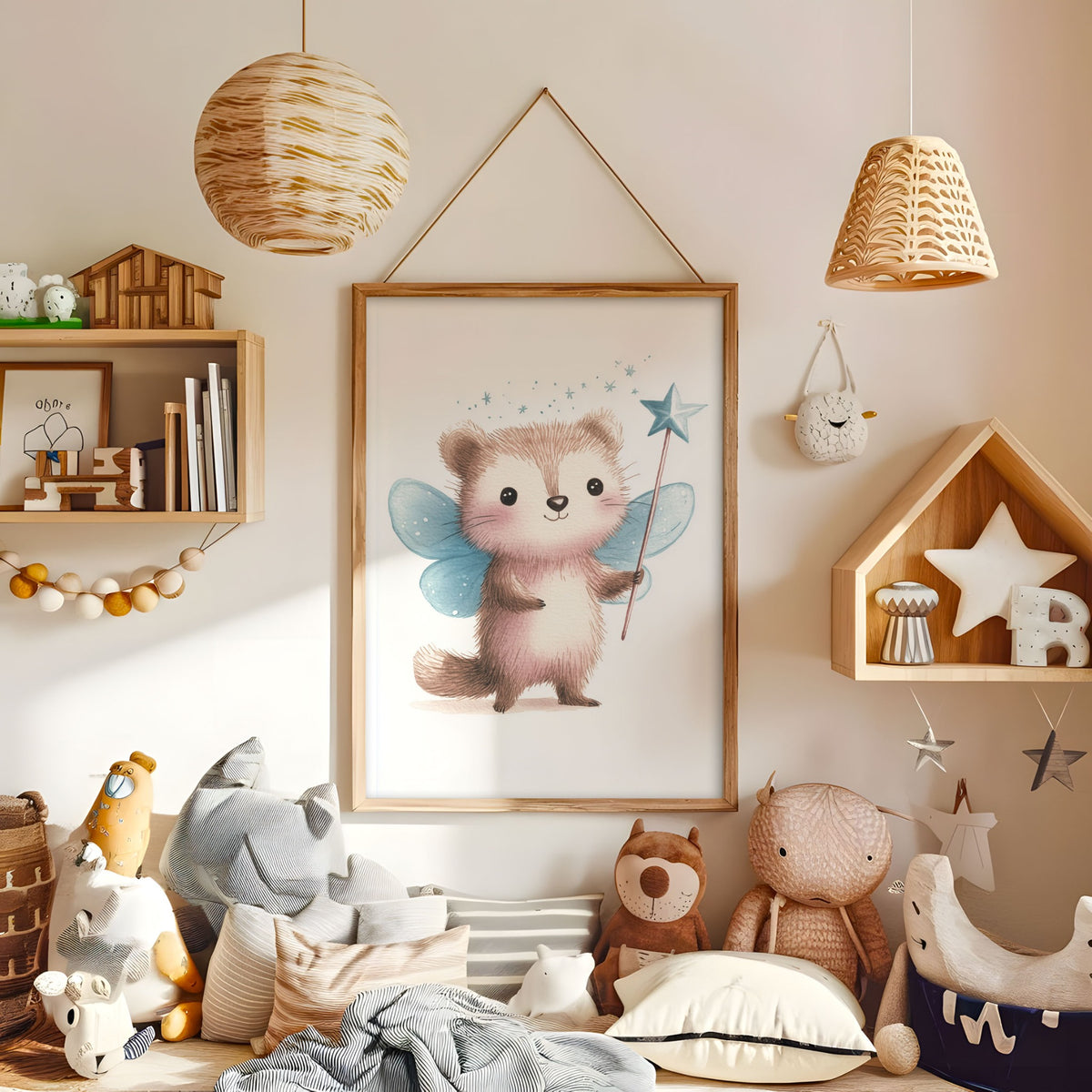 Whimsical ferret fairy nursery print displayed in a warm kids bedroom