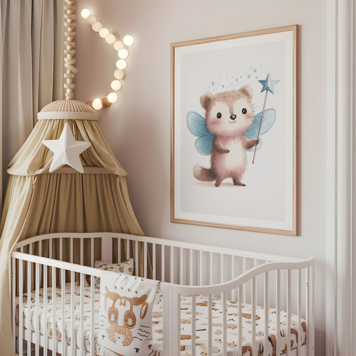 Ferret fairy nursery wall art displayed above a cot in a neutral baby room