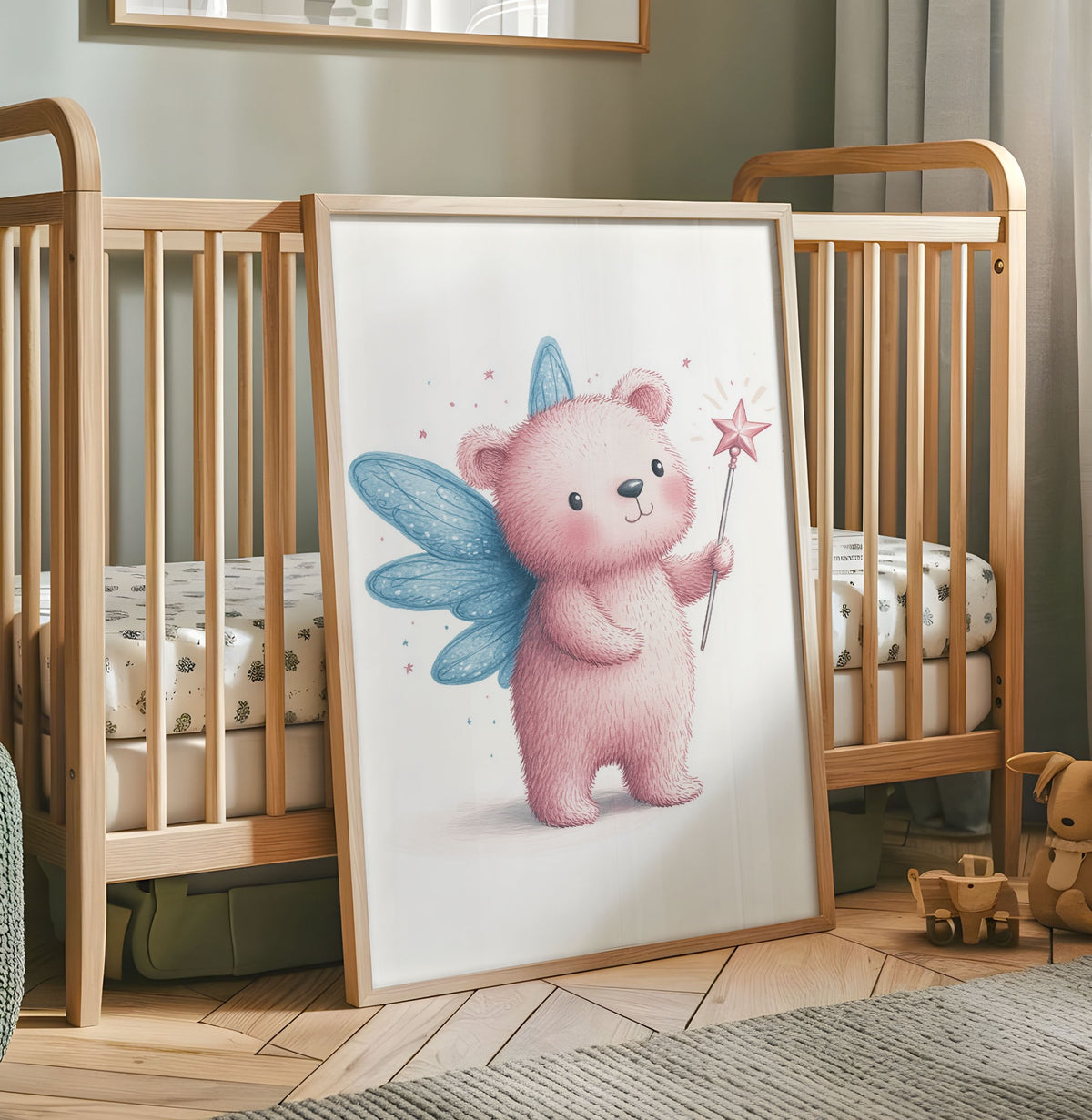 Pink bear fairy nursery print with blue wings and a pink star wand