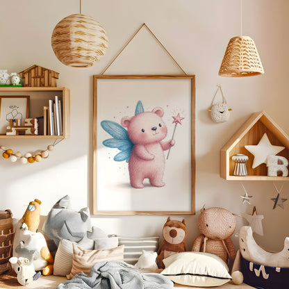 Whimsical bear fairy nursery print displayed in a warm kids bedroom