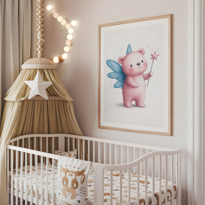 Bear fairy nursery wall art displayed above a cot in a neutral baby room