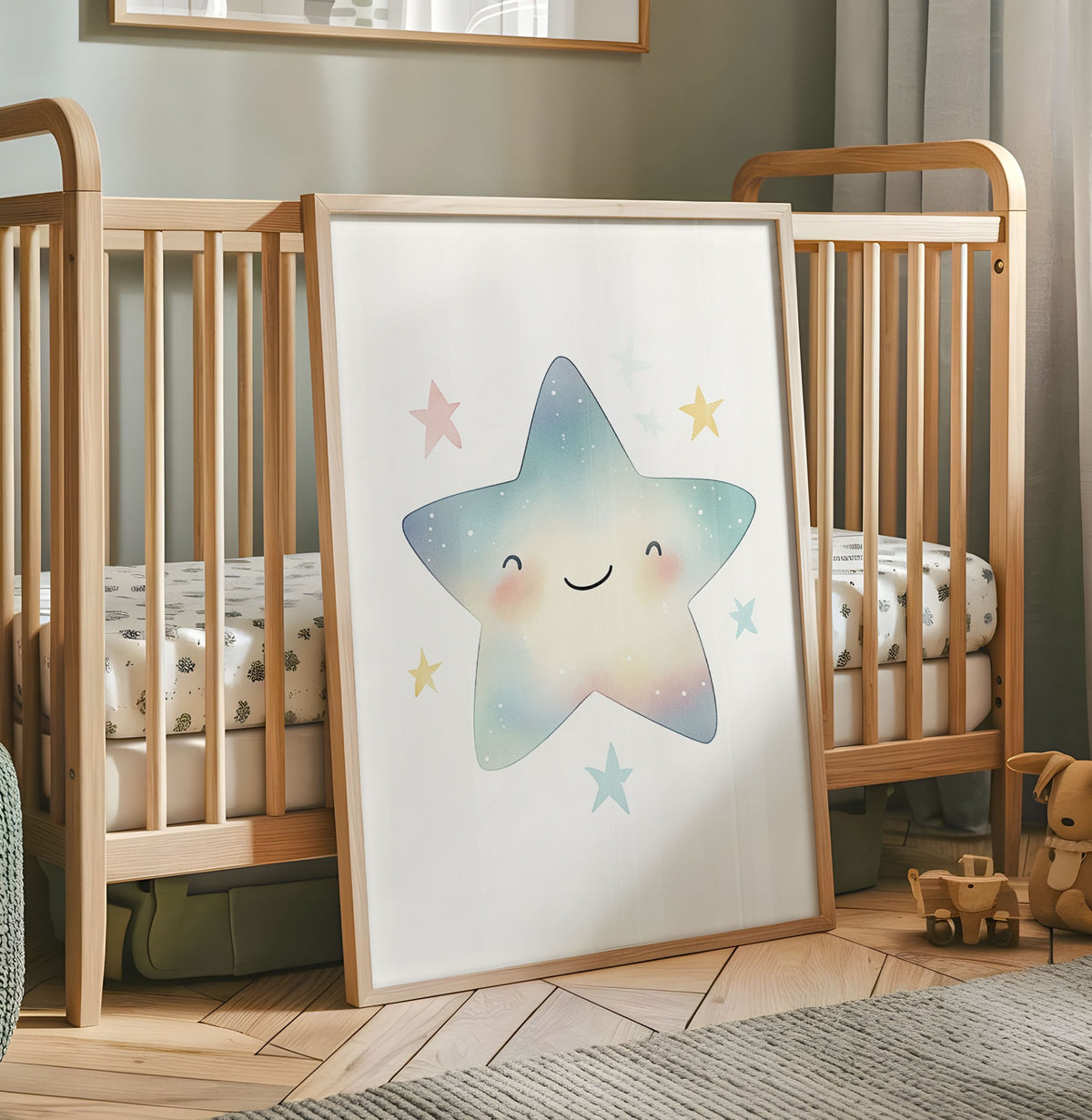 Smiling pastel star nursery print with soft blue pink and yellow colours