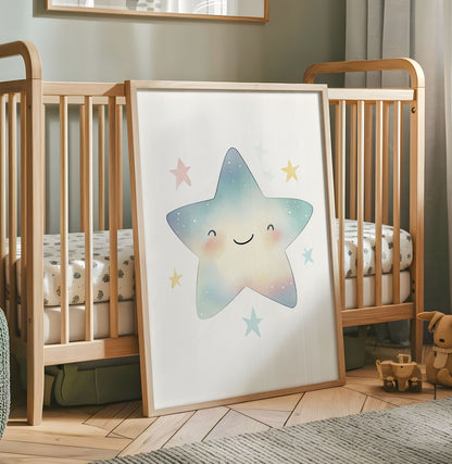 Smiling pastel star nursery print with soft blue pink and yellow colours