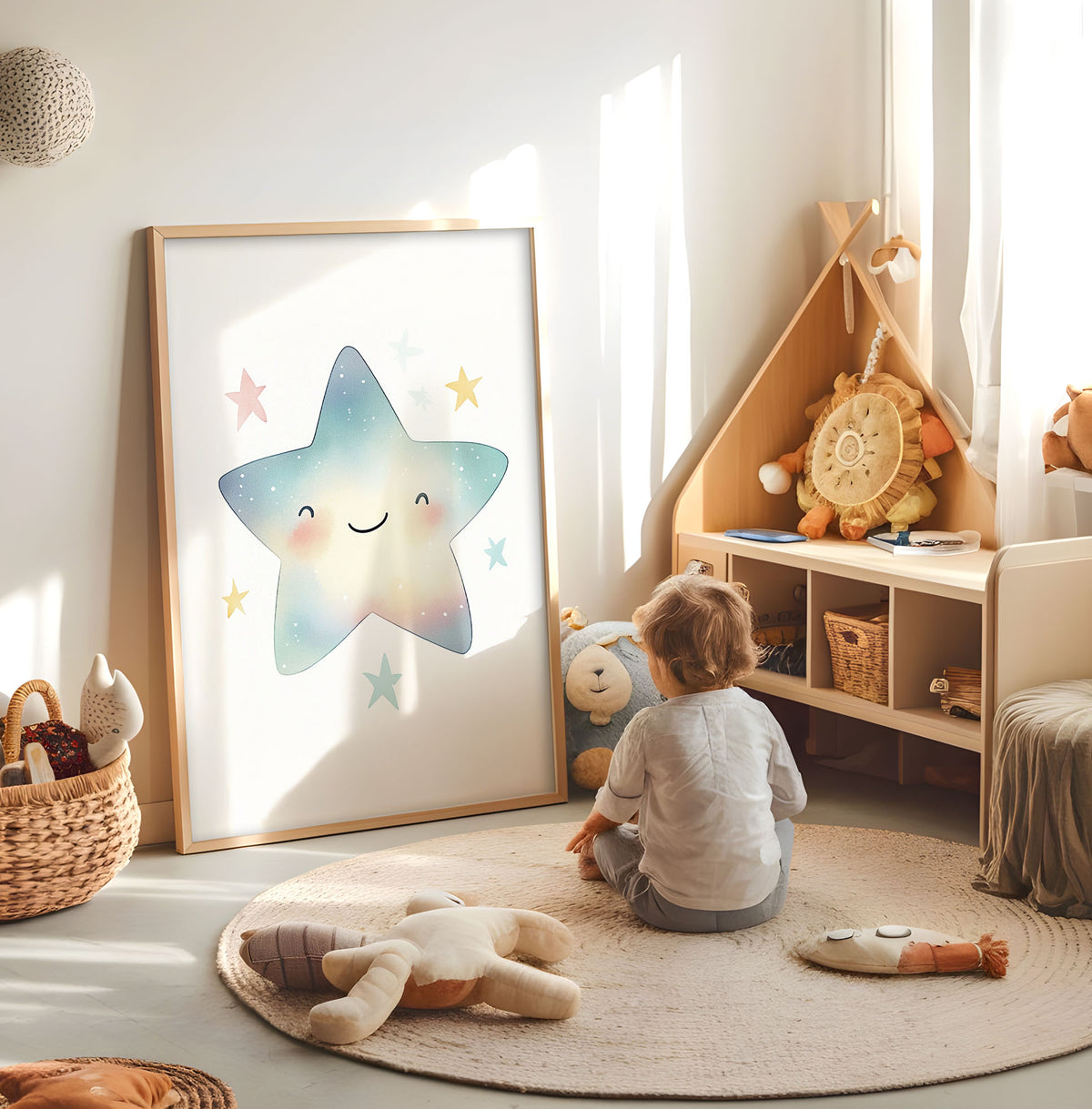 Pastel smiling star kids wall art displayed in a bright nursery play space