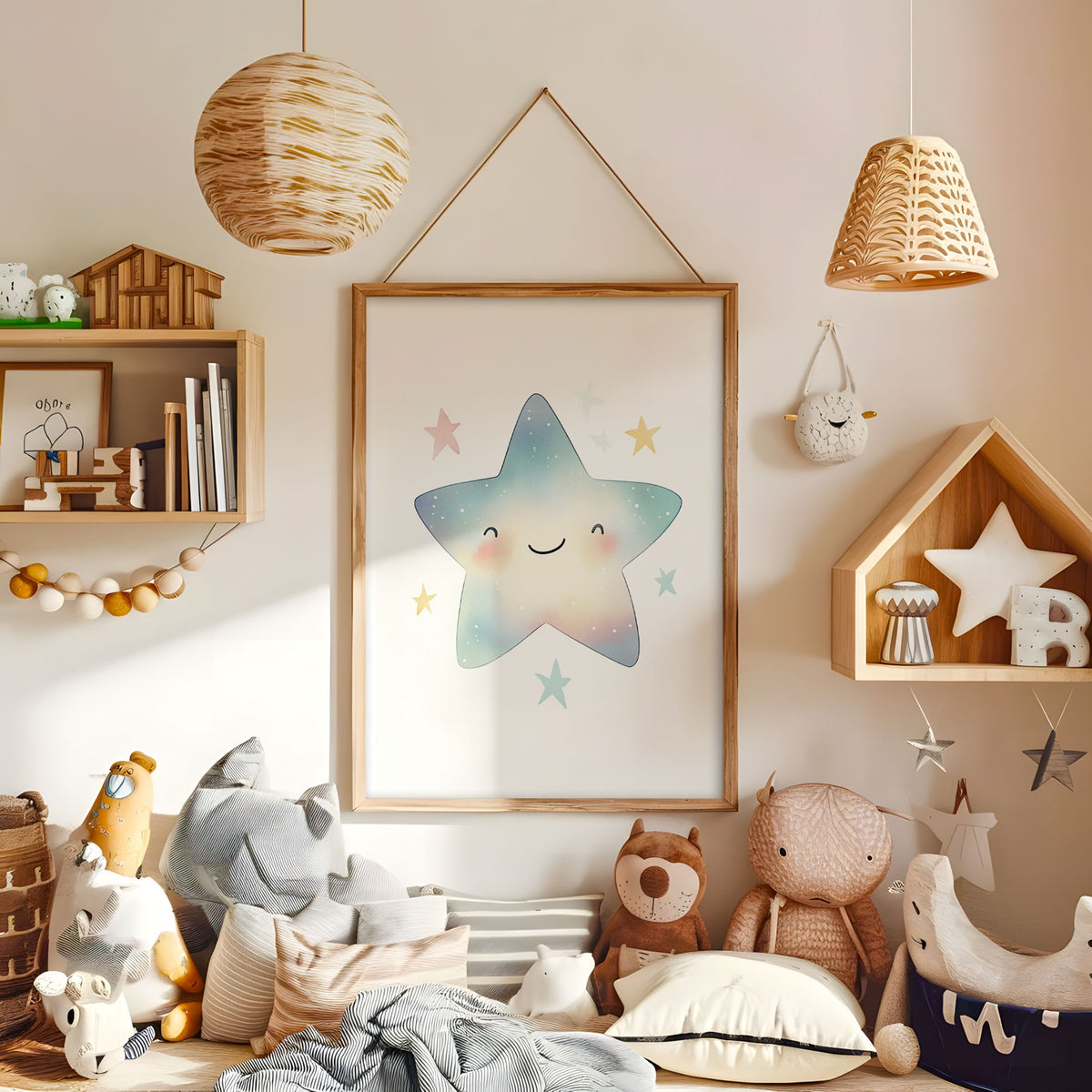 Smiling pastel star nursery print displayed in a warm kids bedroom