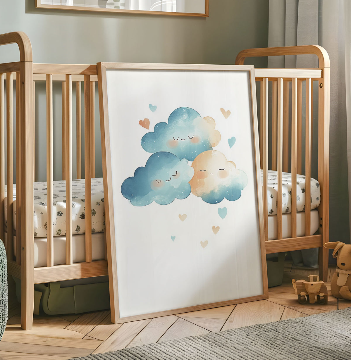 Sleepy blue clouds nursery print with soft pastel hearts