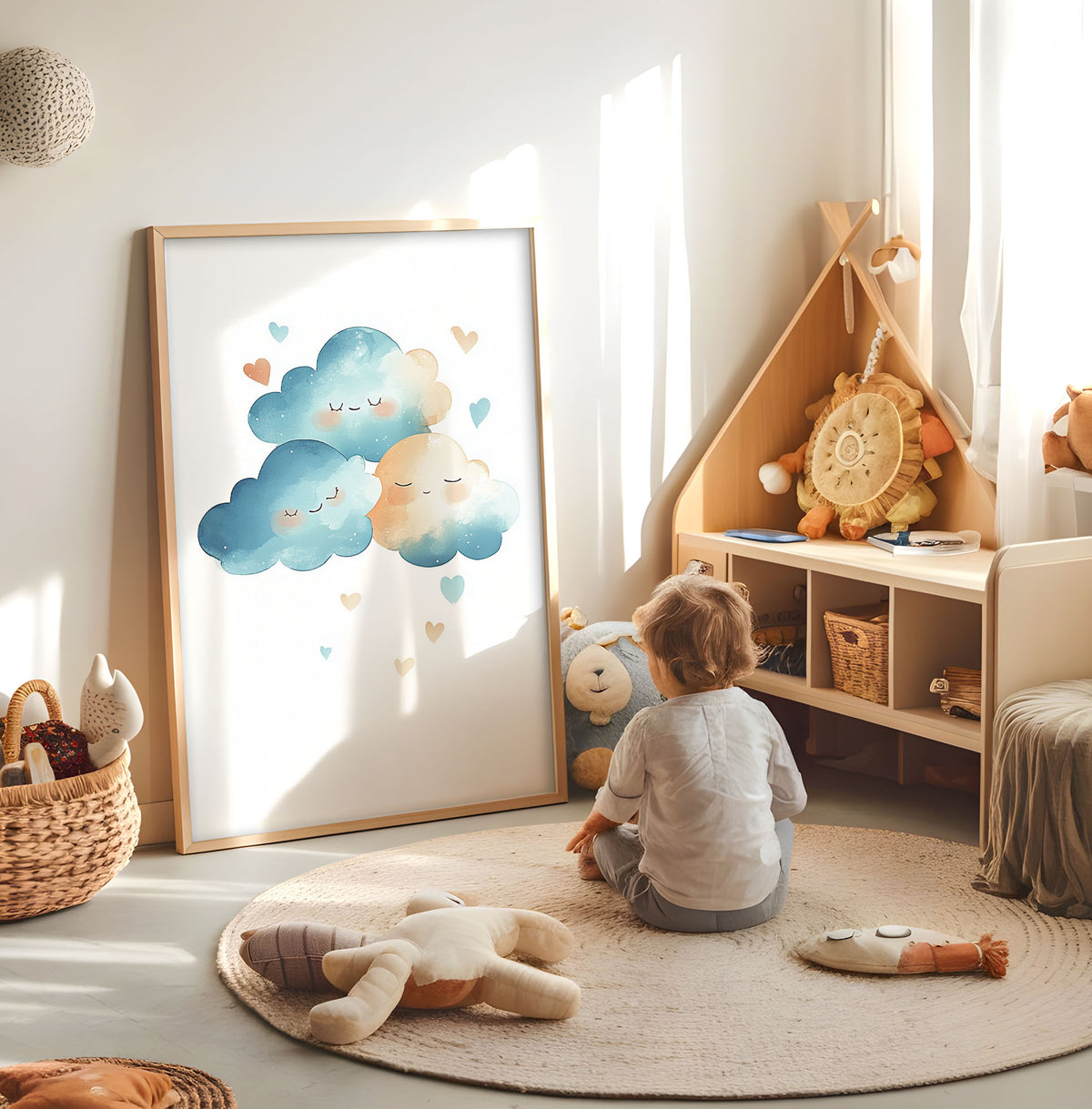 Sleepy clouds kids wall art displayed in a bright nursery play space