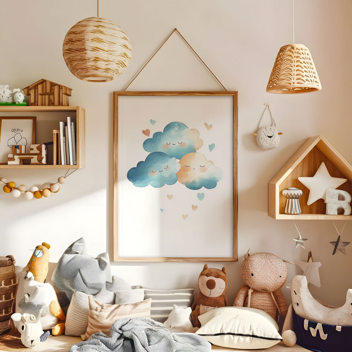 Sleepy clouds nursery print displayed in a warm kids bedroom