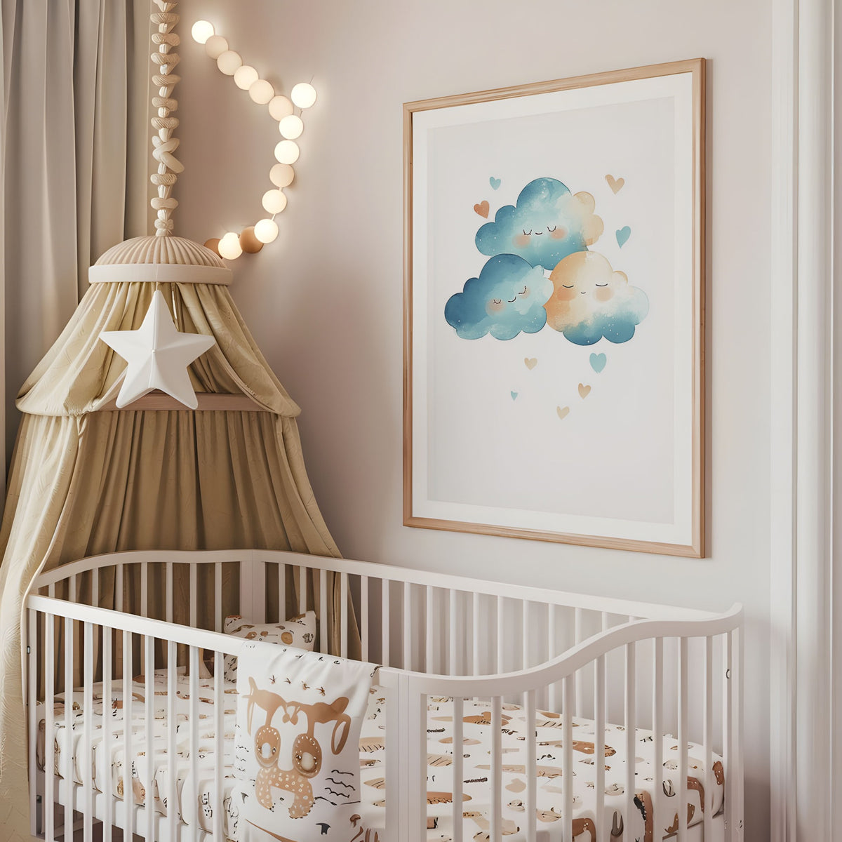 Sleepy clouds nursery wall art displayed above a cot in a neutral baby room