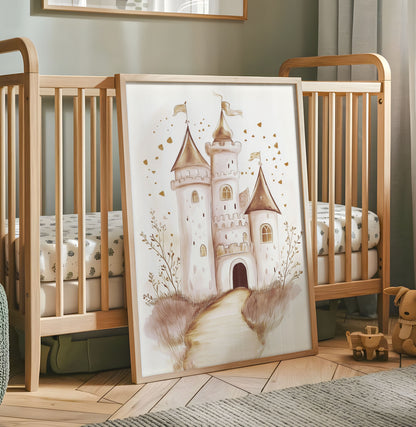 Fairytale castle nursery print in soft neutral watercolour tones